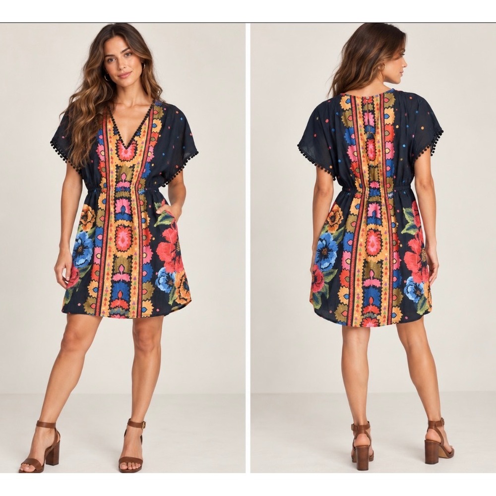 Farm Rio Anthropologie Black Floral Mini Dress Size S Boho V-Neck Pom Trim